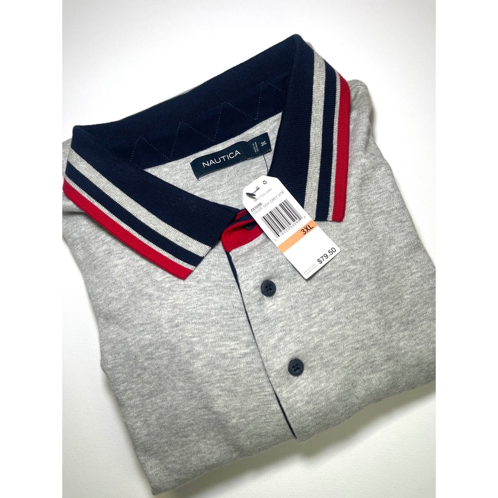Nautica Mens 3XL Grey Heather Embroidered Logo Striped Collar Polo Shirt NWT